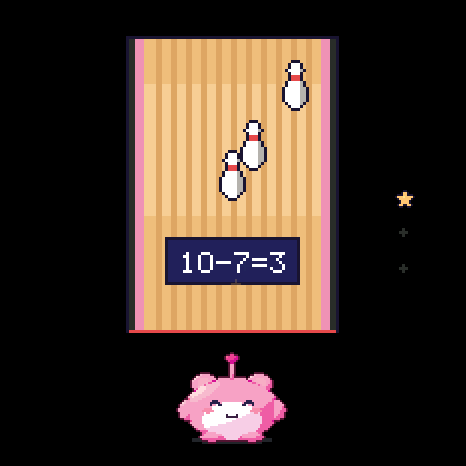 Bowling: the pins left standing, shown as a subtraction sum