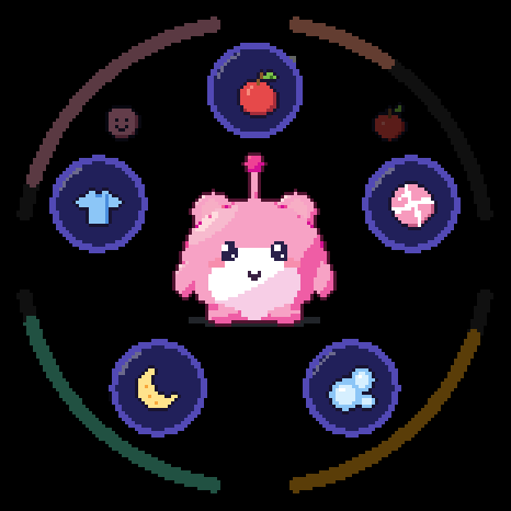 The home screen with five bubbles around the pet: an apple, a ball, bubbles, a moon and a shirt