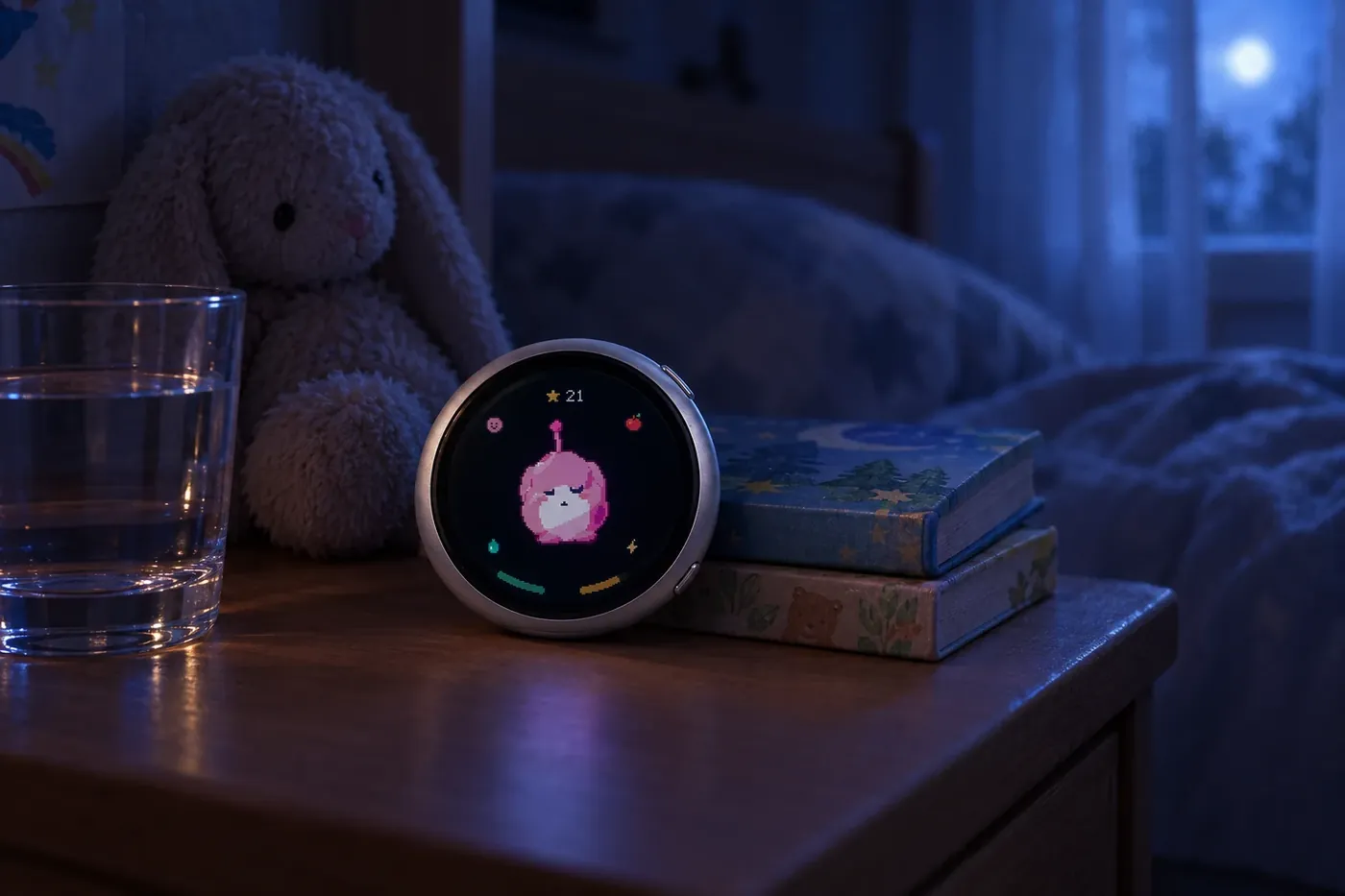 A Moonbit glowing softly on a bedside table at night, next to picture books and a plush bunny