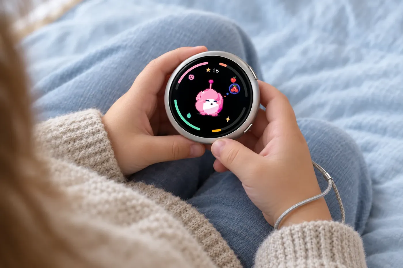 A child's hands holding a round silver Moonbit, its pink pixel pet glowing on the screen