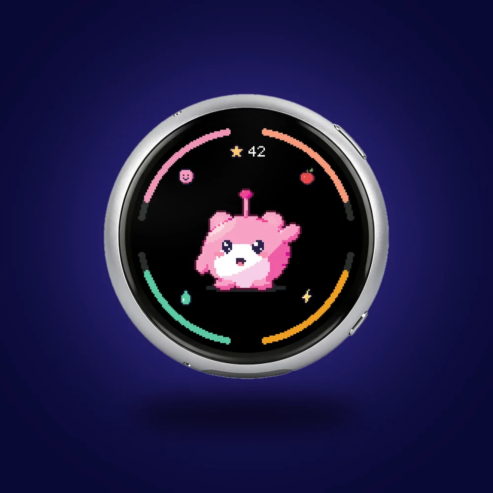 The round silver Moonbit, face on, with its pixel pet waving on the screen